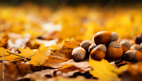acorns and oak leaves on atumn background