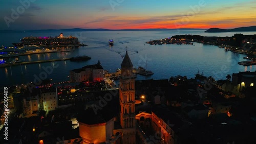 Aerial drone shot of Split, Croatia at night. 