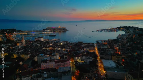 Aerial drone shot of Split, Croatia at night. 