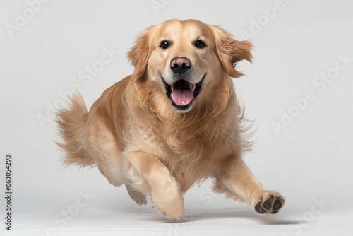 Photo of a golden retriever dog running in front of a white background photo