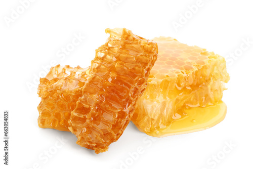 Sweet honeycombs on white background