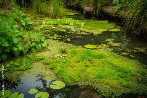 Green vegetation in a small water pond. Generative AI