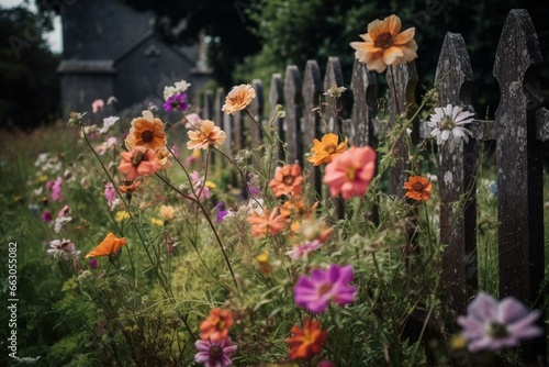 flowers near graveyard. Generative AI © Dmytro