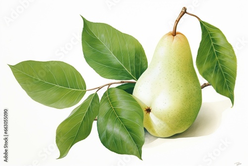 Impressive drawing of a pear and leaf on a white background. Generative AI