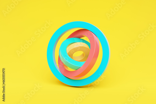 Abstract colorful shape against yellow background, 3D illustration. Smooth shape 3d rendering