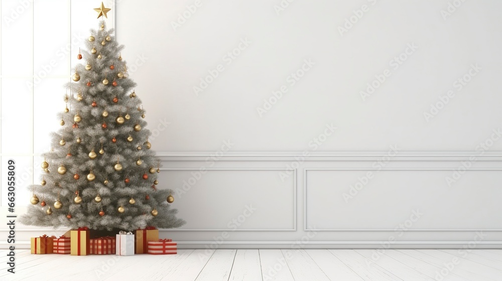 Christmas tree in living room on empty light white wall with copy space, generative ai Christmas tree in living room on empty light white wall with copy space, generative ai