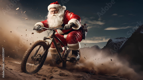 Print op canvas Santa Claus is conquering challenging mountain biking trails