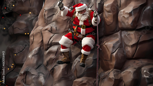 Santa is climbing a rock wall or climbing wall photo