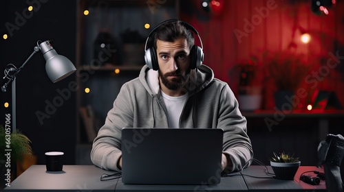 a young man in headphones working in front of a laptop monitor at home. Online streaming or online video call. Modern technology.