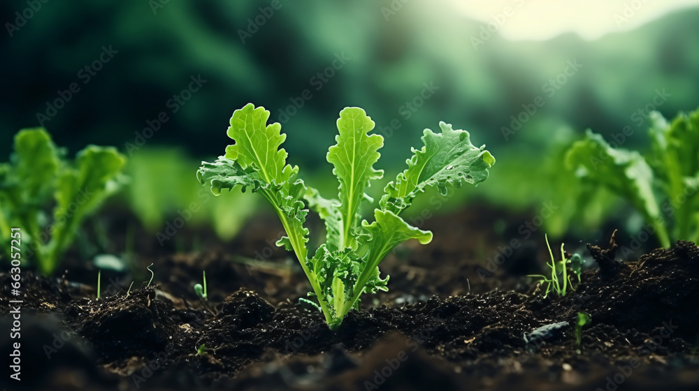 young kale seedlings in the ground - obrazy, fototapety, plakaty 