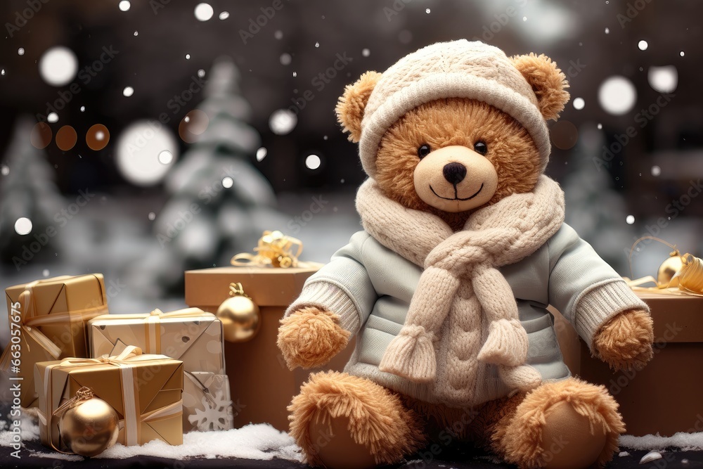 A teddy bear sits amidst presents in the snow, with a softly blurred forest background creating a serene winter scene. Photorealistic illustration A teddy bear sits amidst presents in the snow, with a softly blurred forest background creating a serene winter scene. Photorealistic illustration