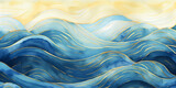 Blue ocean wave with gold lines watercolor texture abstract painting. Teal, yellow wavy ink lines fairytale art background. Bright colorful water waves. Ocean beach illustration mobile web backdrop