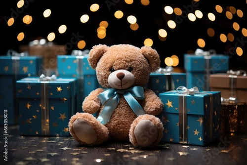 A teddy bear is seated in front of numerous presents, with blurred holiday lights in the background, setting a festive and heartwarming scene. Photorealistic illustration
