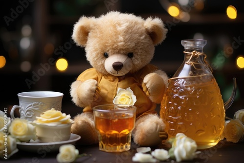 A teddy bear delights in a cup of honey, with the soft glow of blurred holiday lights in the background, creating a whimsical and cozy scene. Photorealistic illustration