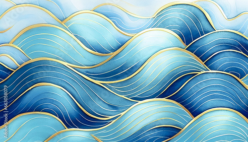 Magical fairytale ocean waves cartoon. Unique blue and gold wavy swirls of magic water. Fairytale navy and yellow sea waves art. Children’s book waves painting illustration for kids nursery