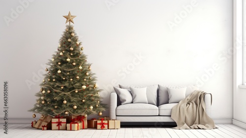Christmas tree in living room on empty light white wall with copy space  generative ai