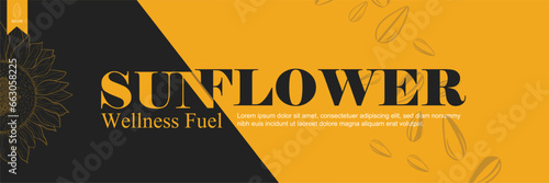 Sunflower oil vector templates of business banners. hand-drawn sunflower, sunflower seed pattern, text space on a yellow slice black background. Production of sunflower concept in engraving style