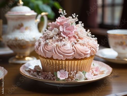 Cupcake decorated with flowers and teapot on wooden table