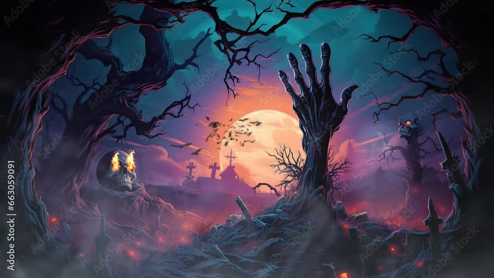 halloween decoration with zombie hand and spooky place. seamless looping time-lapse virtual video animation.