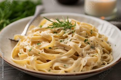 Fettucine with creamy sauce and cheese on a white plate. Generative AI