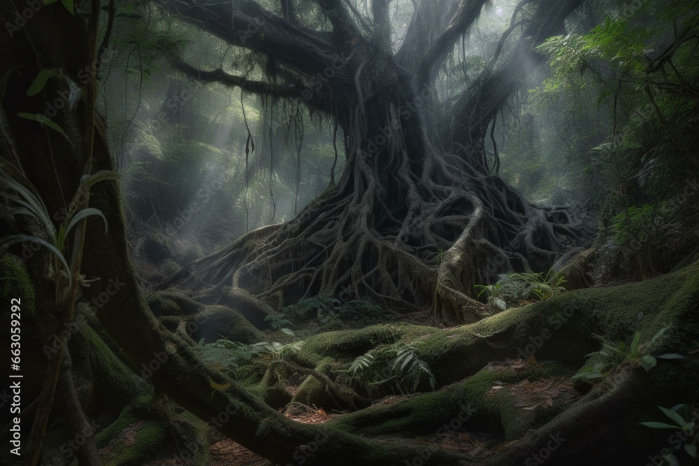Fototapeta premium A magical forest with an ancient, spooky tree and mystic roots. Generative AI