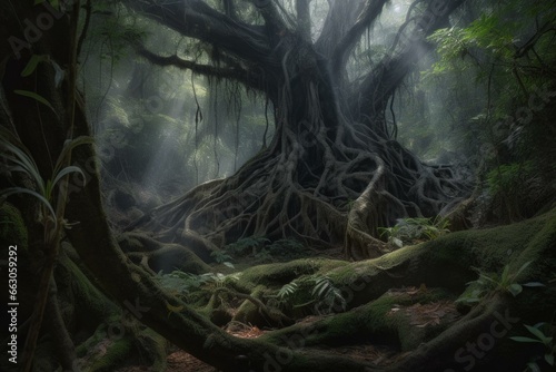 A magical forest with an ancient  spooky tree and mystic roots. Generative AI