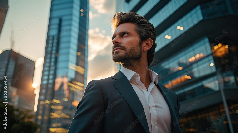 The manager is a man in a business suit near the office. A professional financier goes to work and looks away. The manager is a man in a business suit near the office. A professional financier goes to work and looks away.