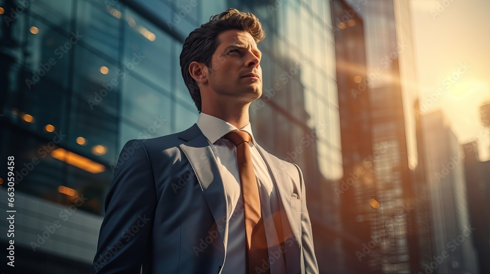 The manager is a man in a business suit near the office. A professional financier goes to work and looks away. The manager is a man in a business suit near the office. A professional financier goes to work and looks away.