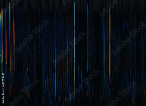 Glitch noise overlay. Distortion texture. Digital artifacts. Blue orange color fuzzy lines design on dark black illustration abstract copy space background.
