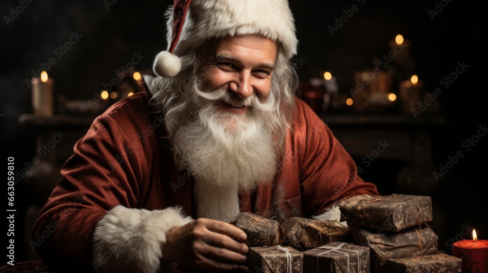 santa claus with christmas tree, winter theme, christmas background and wallpaper