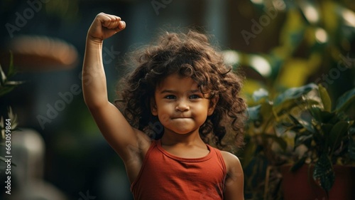 portrait of a confident child flexing her muscles photo