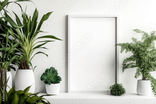 Blank landscape frame mockup in white room with green houseplant. Generative AI