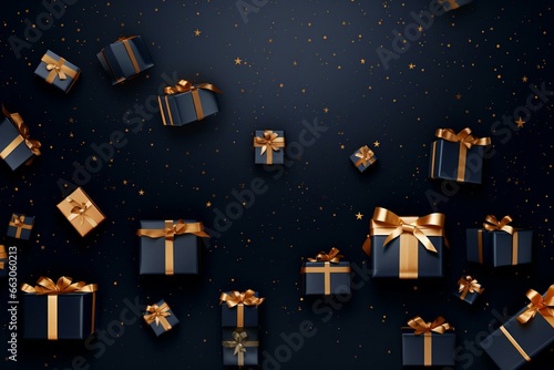 Festive wallpaper featuring presents in grid formation. Stylish gold and navy blue banner. Generative AI © Eudoxia