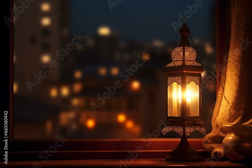 Lamp on window sill in mosque at night. Ramadan concept. Generative AI