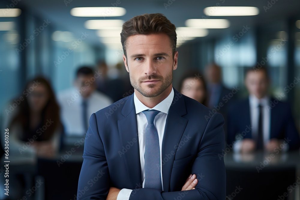 Handsome business man standing confident in the office in front of his team Handsome business man standing confident in the office in front of his team