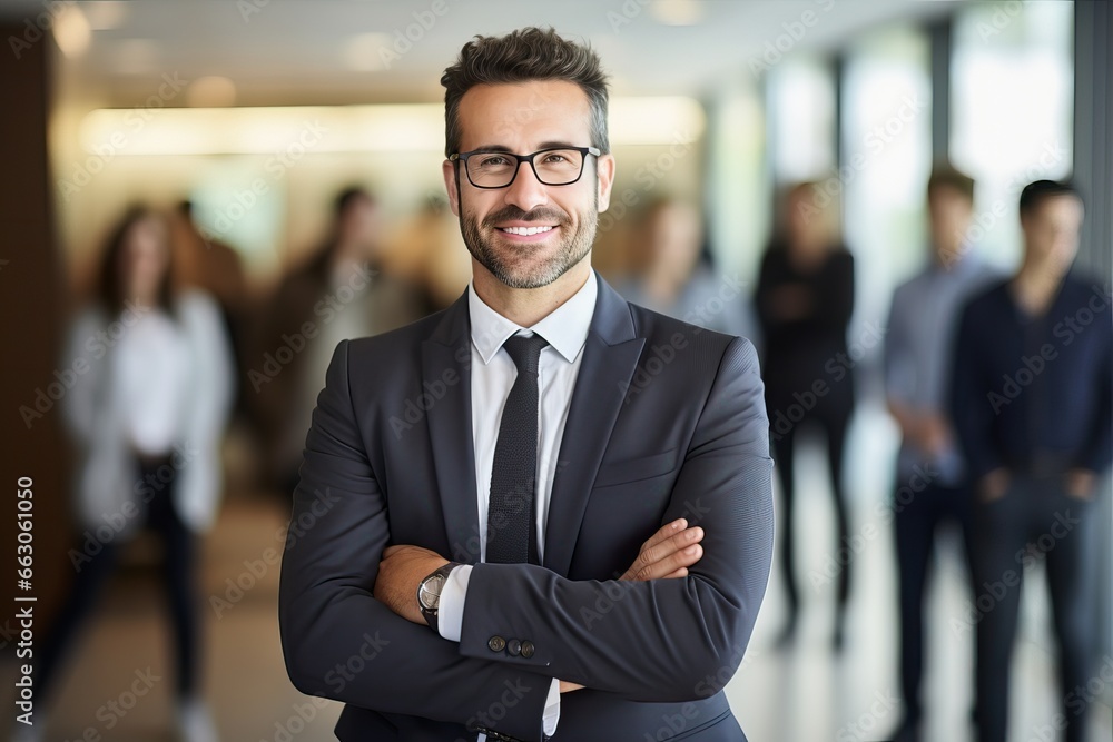 Handsome business man standing confident in the office in front of his team Handsome business man standing confident in the office in front of his team