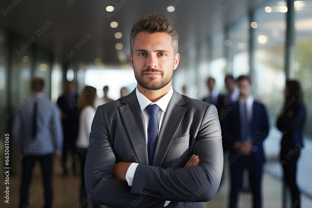 Handsome business man standing confident in the office in front of his team Handsome business man standing confident in the office in front of his team
