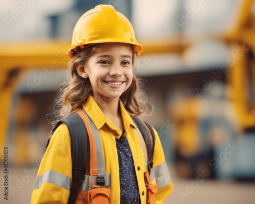 Girl dresses up as an engineer yellow background © The glossy backgroun