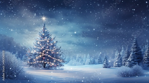 light winter background, christmas tree, snow, generative ai © Nia™