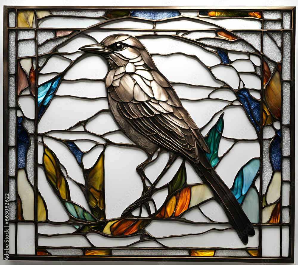 Northern Mockingbird bird, abstract painting in stained glass style
