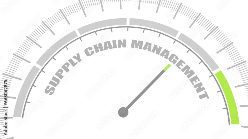 SCM - Supply Chain Management. Aspects of modern company logistics processes. Instrument scale with arrow. Colorful infographic gauge element. SCM - Supply Chain Management. Aspects of modern company logistics processes. Instrument scale with arrow. Colorful infographic gauge element.