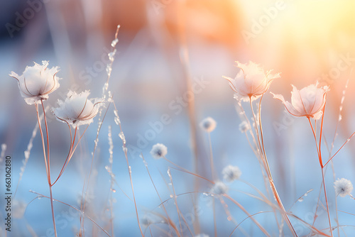 Frozen Delight, A Serene Winter Landscape with Glittering Snow-Covered Flowers