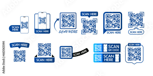 Collection of QR codes with inscription scan here with smart phone. Set of Scan qr code icon. Qr code for payment, mobile app and identification. Vector illustration.
