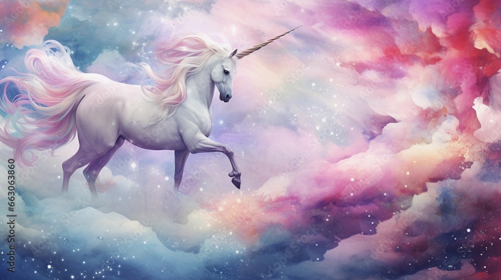 space for text on textured background surrounded by unicorn myth in water color style, background image, generative AI space for text on textured background surrounded by unicorn myth in water color style, background image, generative AI