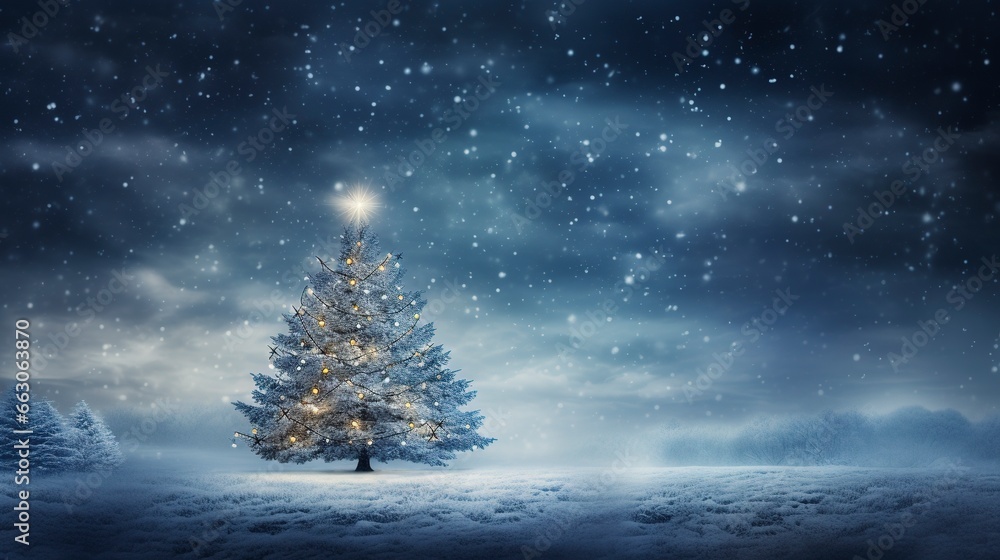 light winter background, christmas tree, snow, generative ai