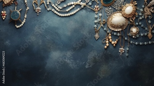 space for text on textured background surrounded by Vintage and Antique Jewelry, background image, generative AI