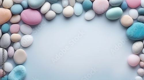 space for text on pastel background surrounded by beautiful pebbles decoration, background image, generative AI