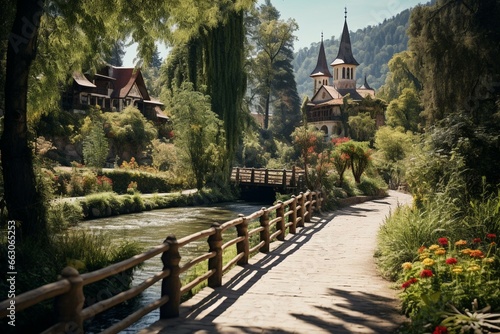 Pathway leading to monastery in botanical garden with riverside view. Generative AI photo