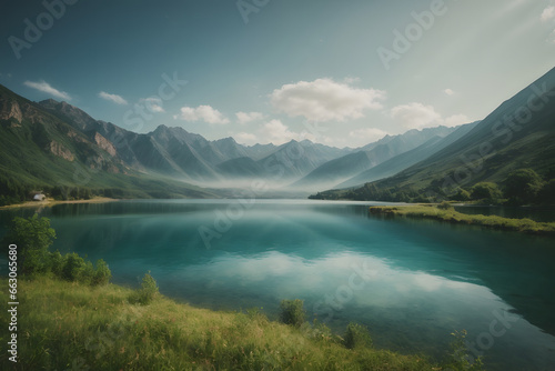 Blue clear lake and blue sky, Panoramic view of beautiful mountain landscape, Grassy patch next to lake, with mountain reflections.