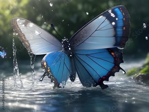 "Cerulean Elegance: This exquisite blue butterfly gracefully flutters over the tranquil water pond, casting a mesmerizing reflection on the glassy surface."